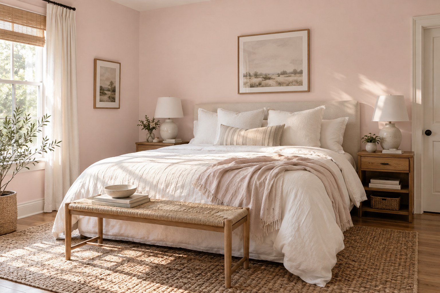 Bedroom with pale pink walls, linen bedding and soft daylight
